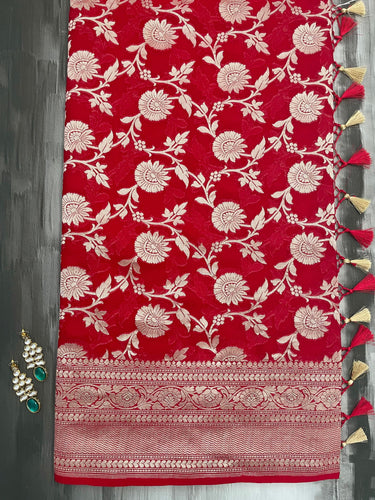 Banarasi Pure Chiffon Saree with Hearts Border | Red | Gold Water Zari, Handwoven | Ships from California